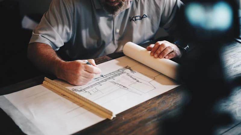 Architect reviewing detailed building cross-section plans on a construction project